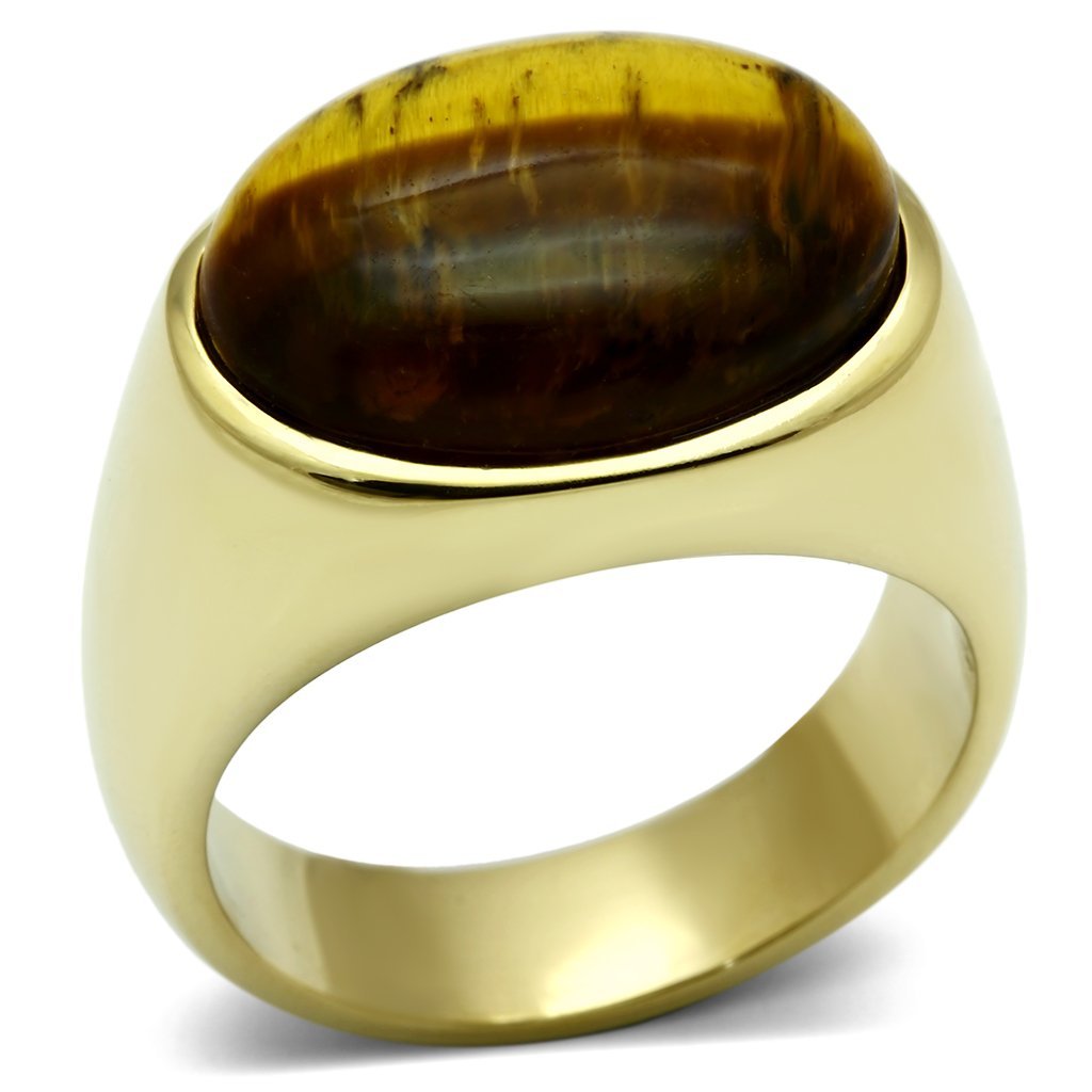 TK718 IP Gold Stainless Steel Ring featuring a synthetic Tiger Eye stone, showcasing its elegant design and luxurious finish.