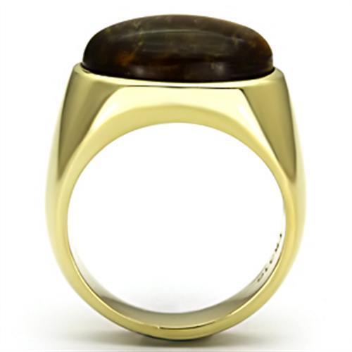 TK718 IP Gold Stainless Steel Ring featuring a synthetic Tiger Eye stone, showcasing its elegant design and luxurious finish.