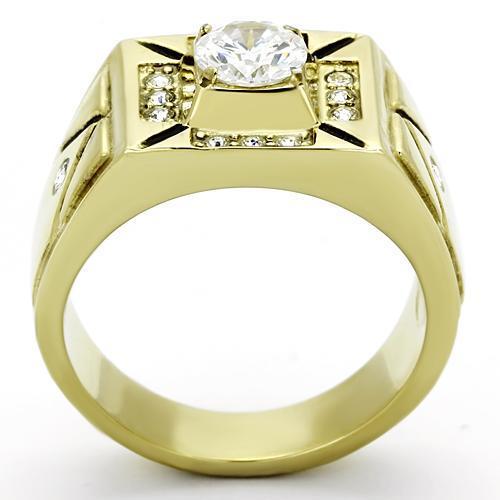 TK723 IP Gold Stainless Steel Ring featuring a clear AAA Grade CZ stone, showcasing its elegant design and luxurious finish.