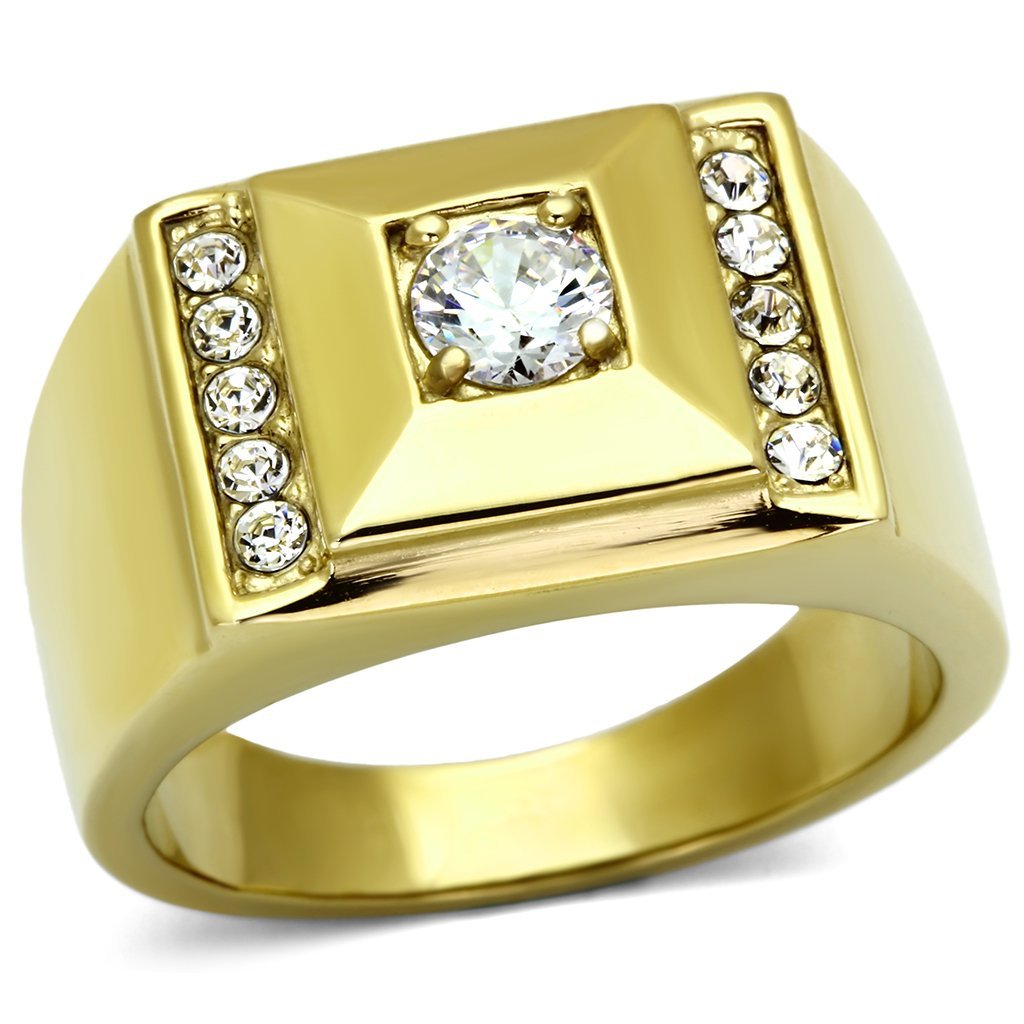 TK732 IP Gold Stainless Steel Ring featuring a clear AAA Grade CZ stone, showcasing its elegant design and luxurious finish.