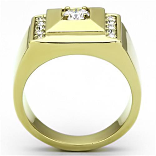 TK732 IP Gold Stainless Steel Ring featuring a clear AAA Grade CZ stone, showcasing its elegant design and luxurious finish.