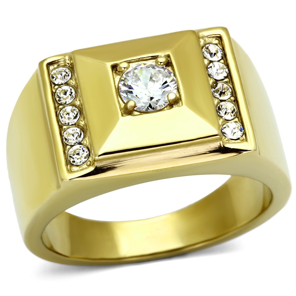 TK732 IP Gold Stainless Steel Ring featuring a clear AAA Grade CZ stone, showcasing its elegant design and luxurious finish.
