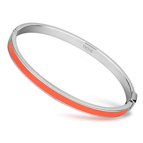 TK748 High Polished Stainless Steel Bangle featuring a vibrant orange epoxy center stone, showcasing its sleek design and polished finish.