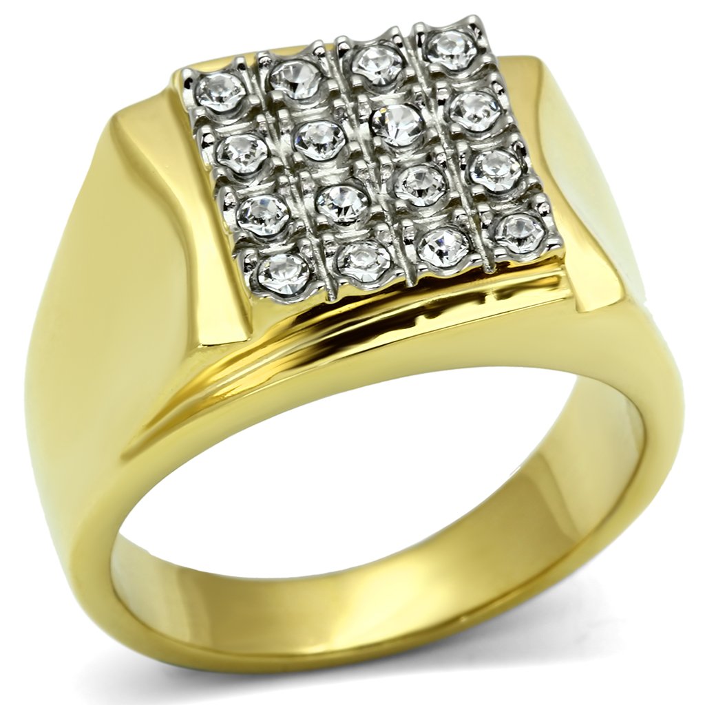 TK751 Two-Tone IP Gold Stainless Steel Ring featuring a clear top-grade crystal centerpiece, showcasing a luxurious and elegant design.