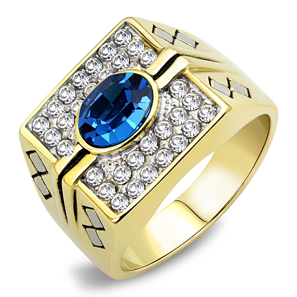 TK752 Two-Tone IP Gold Stainless Steel Ring featuring a Montana crystal centerpiece, showcasing a luxurious design.