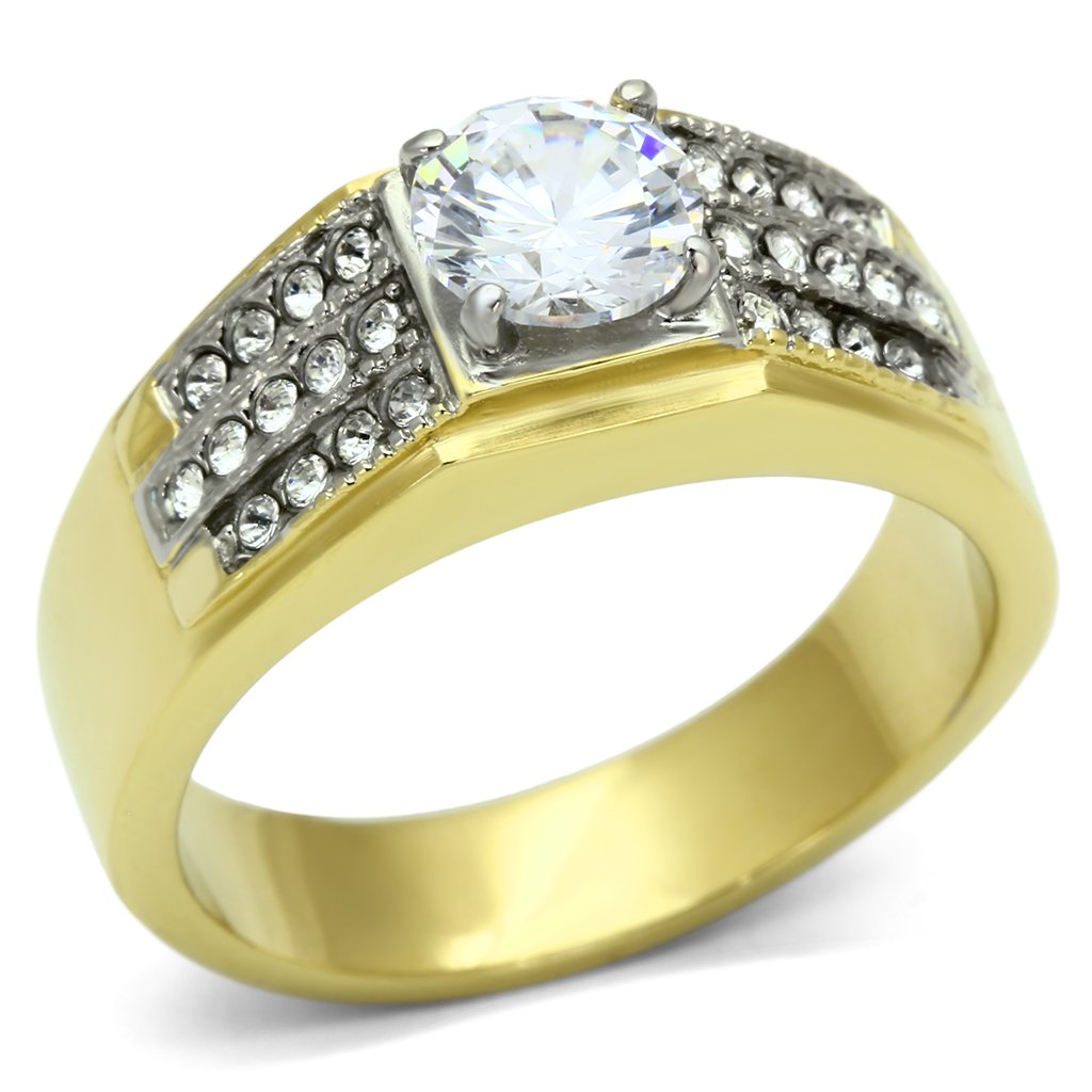 TK759 Two-Tone IP Gold Stainless Steel Ring featuring a clear AAA grade CZ stone, showcasing a stylish and elegant design.