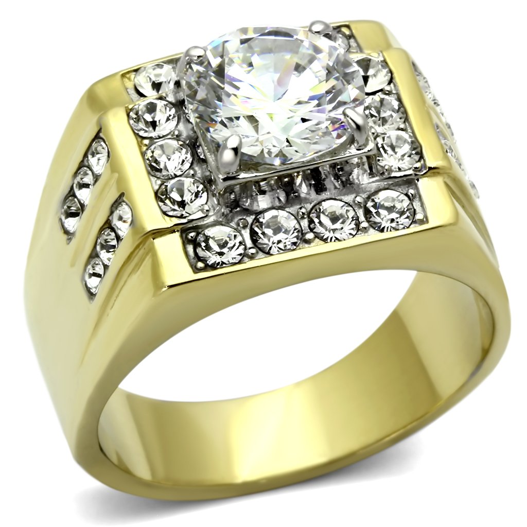 TK760 Two-Tone IP Gold Stainless Steel Ring featuring a clear AAA grade cubic zirconia stone, showcasing a luxurious and elegant design.