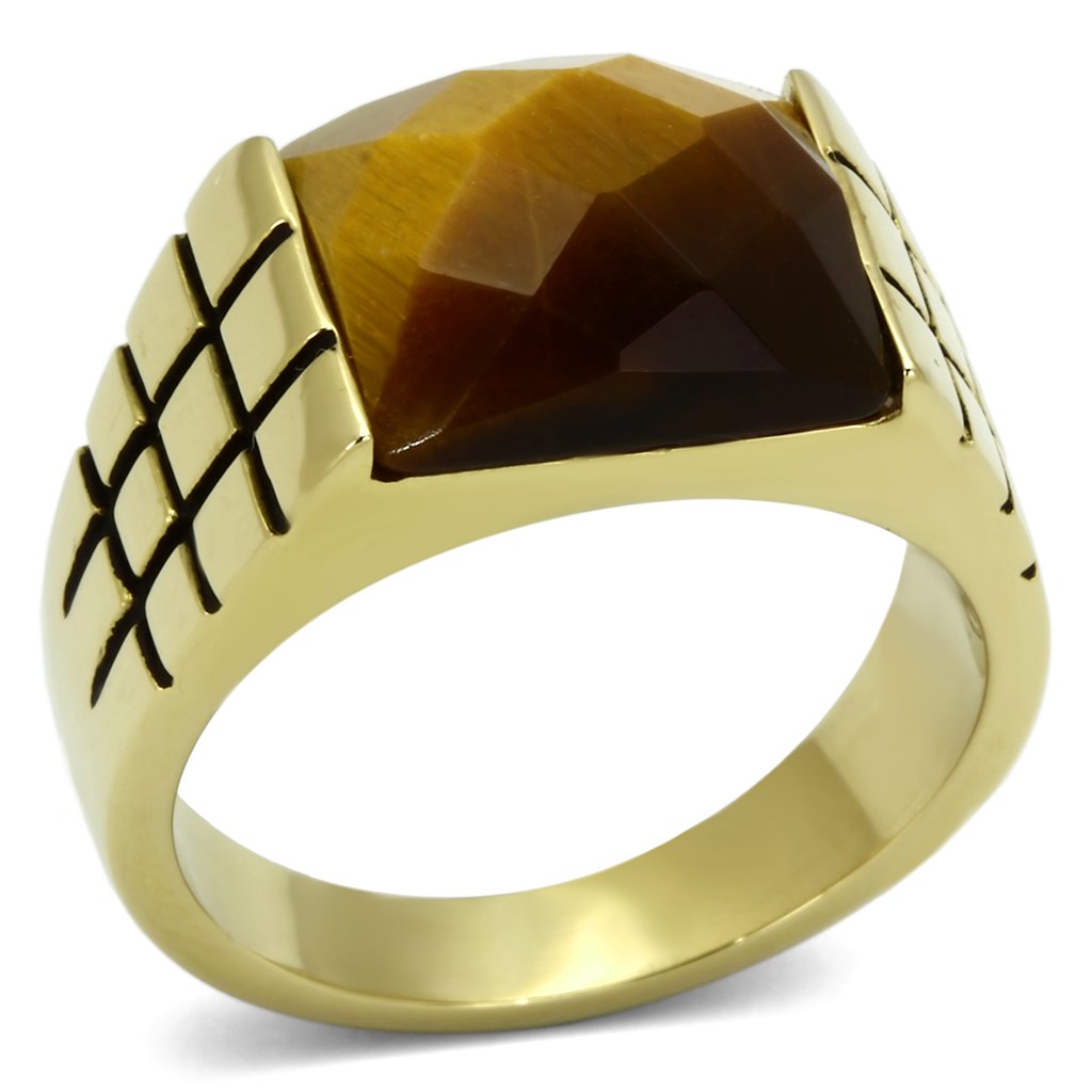 TK779 IP Gold Stainless Steel Ring featuring a Tiger Eye semi-precious stone, showcasing its elegant design and luxurious finish.