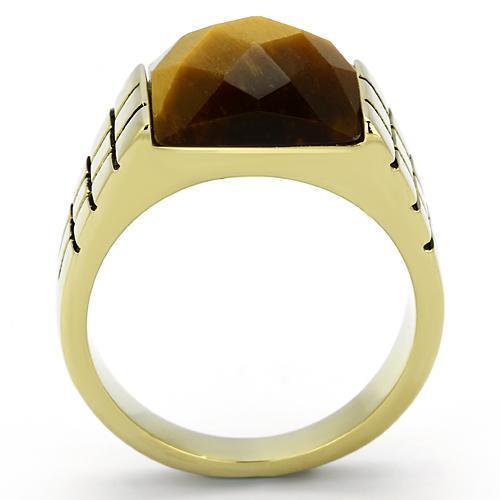 TK779 IP Gold Stainless Steel Ring featuring a Tiger Eye semi-precious stone, showcasing its elegant design and luxurious finish.