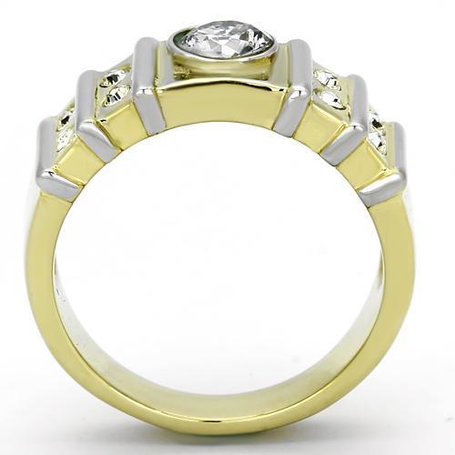 TK797 Two-Tone IP Gold Stainless Steel Ring featuring a clear AAA Grade CZ stone, showcasing a luxurious and elegant design.
