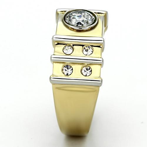 TK797 Two-Tone IP Gold Stainless Steel Ring featuring a clear AAA Grade CZ stone, showcasing a luxurious and elegant design.