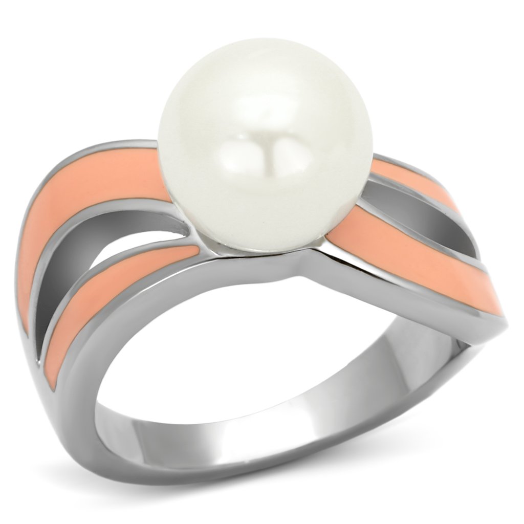 TK810 High Polished Stainless Steel Ring featuring a white synthetic pearl centerpiece, showcasing its elegant design and shiny finish.