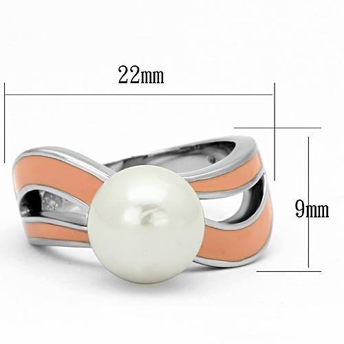 TK810 High Polished Stainless Steel Ring featuring a white synthetic pearl centerpiece, showcasing its elegant design and shiny finish.