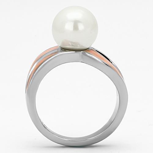 TK810 High Polished Stainless Steel Ring featuring a white synthetic pearl centerpiece, showcasing its elegant design and shiny finish.