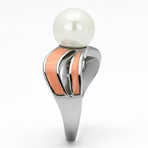 TK810 High Polished Stainless Steel Ring featuring a white synthetic pearl centerpiece, showcasing its elegant design and shiny finish.