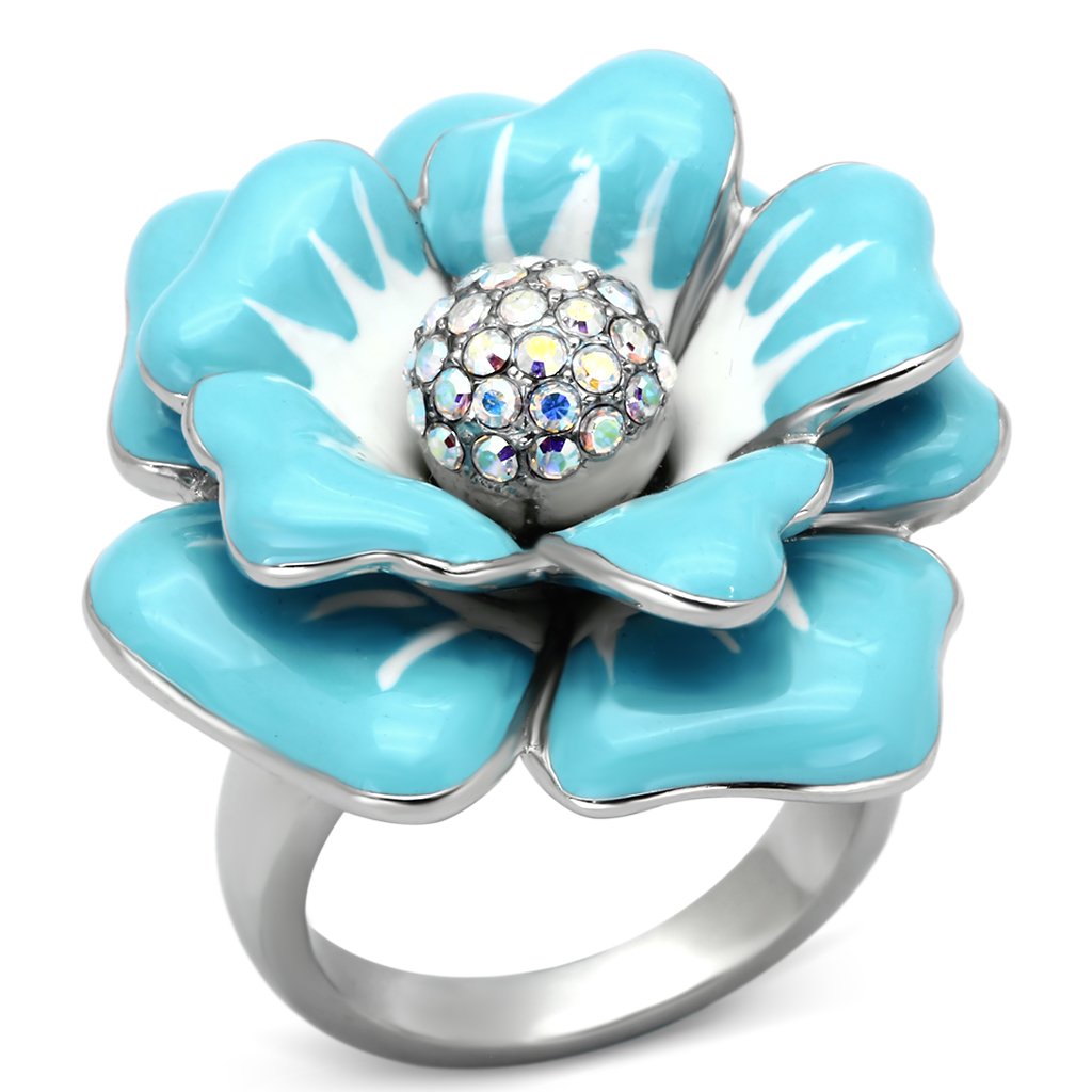 TK817 High Polished Stainless Steel Ring featuring a Top Grade Aurora Borealis crystal, showcasing a radiant rainbow effect.