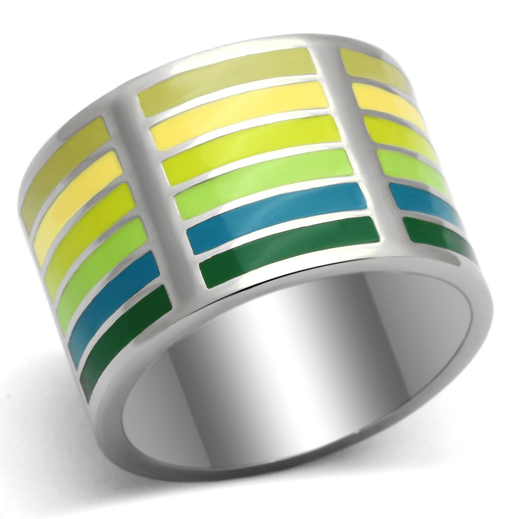 TK819 High Polished Stainless Steel Ring featuring a vibrant multi-color epoxy stone, showcasing its elegant design and shine.