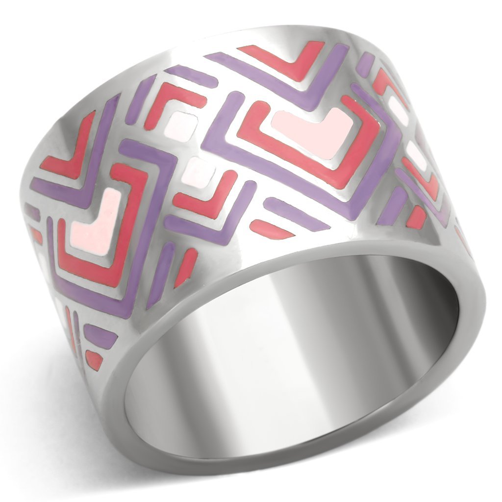 TK823 High Polished Stainless Steel Ring featuring a vibrant multi-color epoxy center stone, showcasing its elegant design.