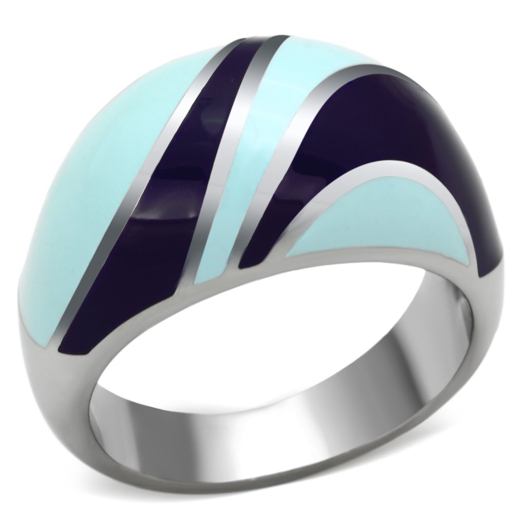 TK835 High Polished Stainless Steel Ring featuring a vibrant multi-color epoxy center stone, showcasing its elegant design.