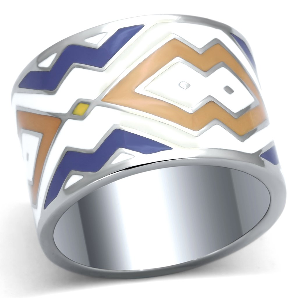 TK841 High Polished Stainless Steel Ring featuring a vibrant multi-color epoxy center stone, showcasing its elegant design and polished finish.