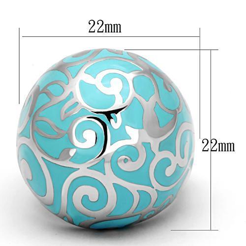 TK845 High Polished Stainless Steel Ring featuring an aquamarine epoxy center stone, showcasing a sleek and modern design.