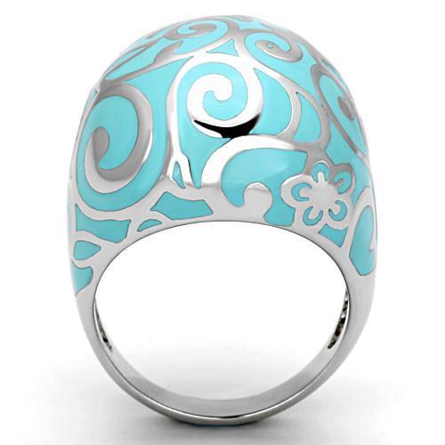 TK845 High Polished Stainless Steel Ring featuring an aquamarine epoxy center stone, showcasing a sleek and modern design.