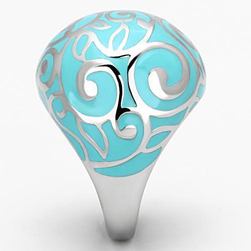 TK845 High Polished Stainless Steel Ring featuring an aquamarine epoxy center stone, showcasing a sleek and modern design.