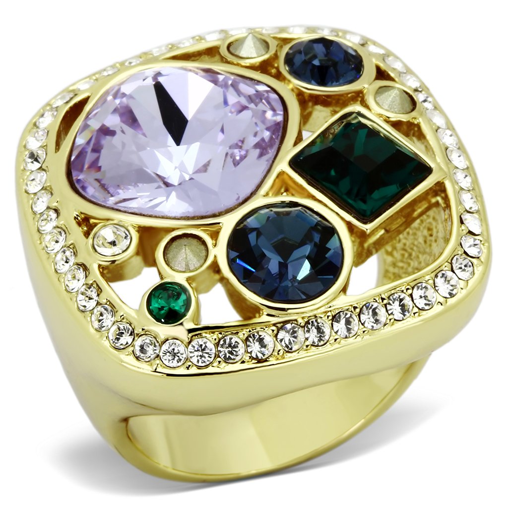 TK855 IP Gold Stainless Steel Ring featuring a multi-color top-grade crystal, showcasing its elegant design and luxurious finish.