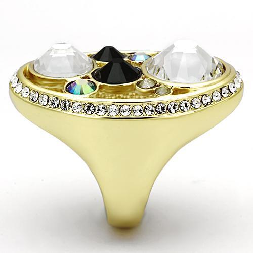 TK857 IP Gold Stainless Steel Ring featuring a multi-color top-grade crystal, showcasing a luxurious design and durable material.