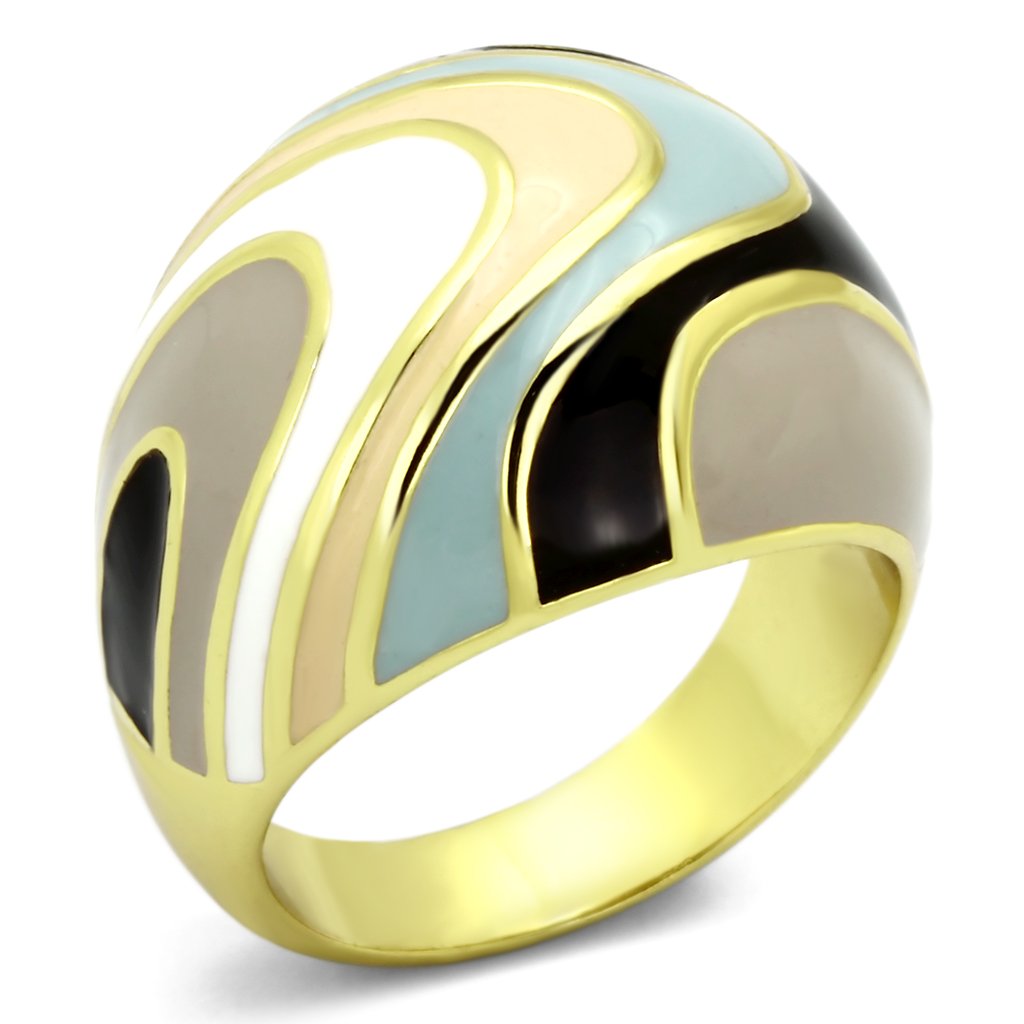 TK870 IP Gold Stainless Steel Ring featuring a vibrant multi-color epoxy center stone, showcasing its elegant design and luxurious finish.
