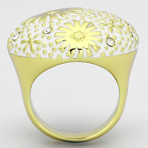 TK875 IP Gold Stainless Steel Ring featuring a clear top-grade crystal, showcasing a luxurious design and durable material.