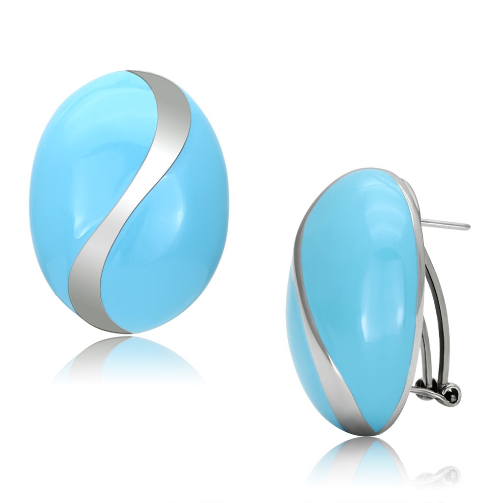 TK892 High Polished Stainless Steel Earrings featuring a vibrant sea blue epoxy stone, showcasing a sleek and shiny design.