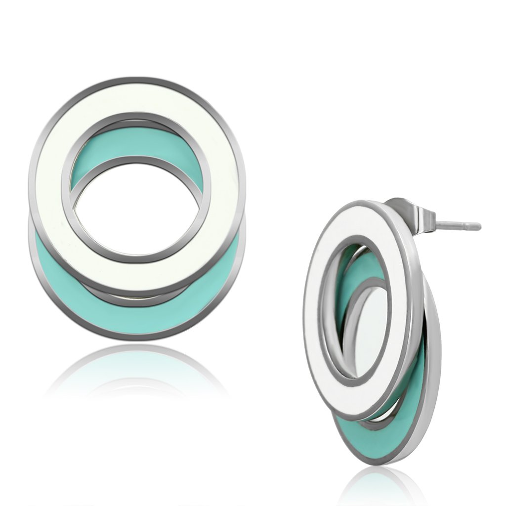TK893 High Polished Stainless Steel Earrings featuring a vibrant multi-color epoxy center stone, showcasing a sleek and modern design.