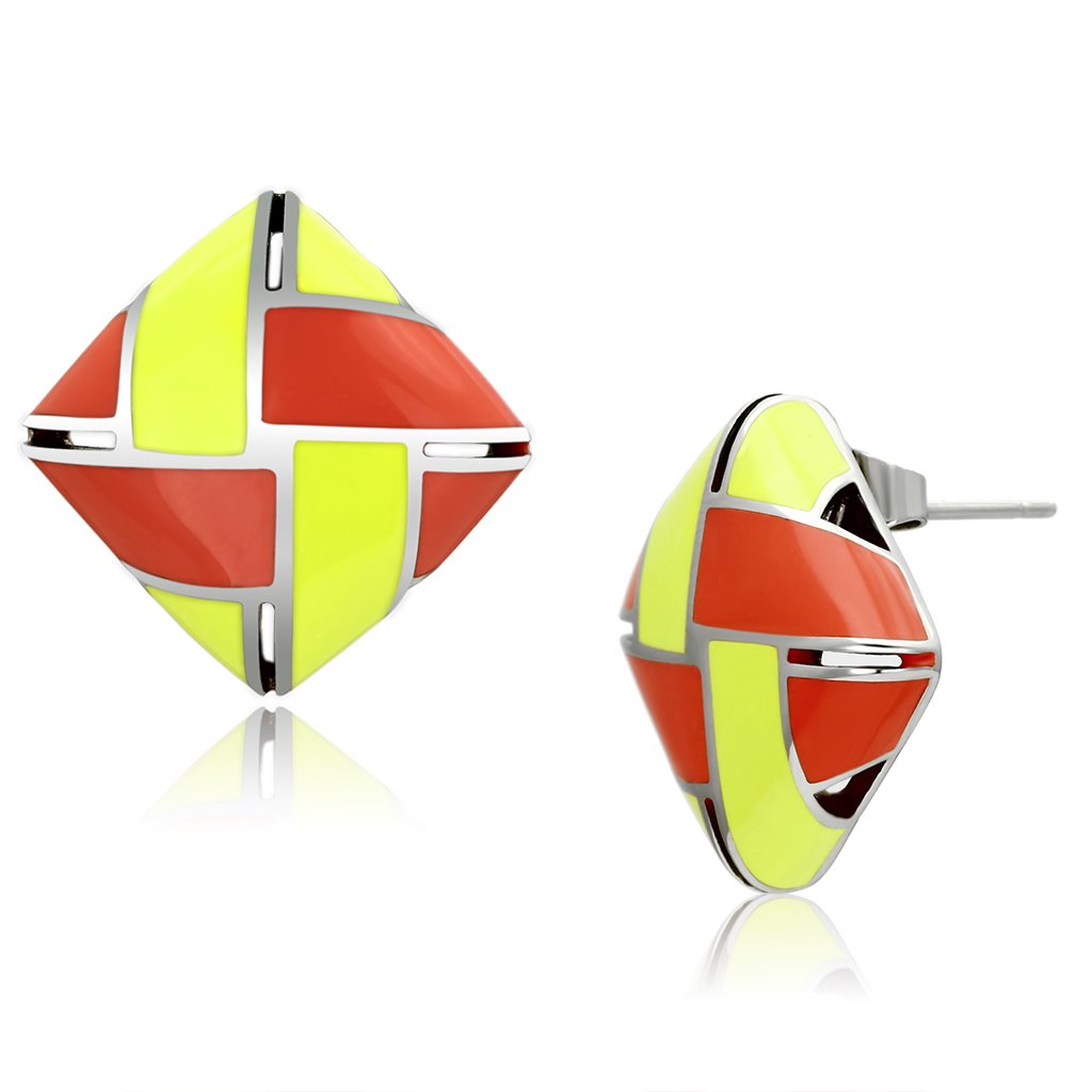 TK897 High Polished Stainless Steel Earrings featuring vibrant multi-color epoxy stones, showcasing a sleek and modern design.