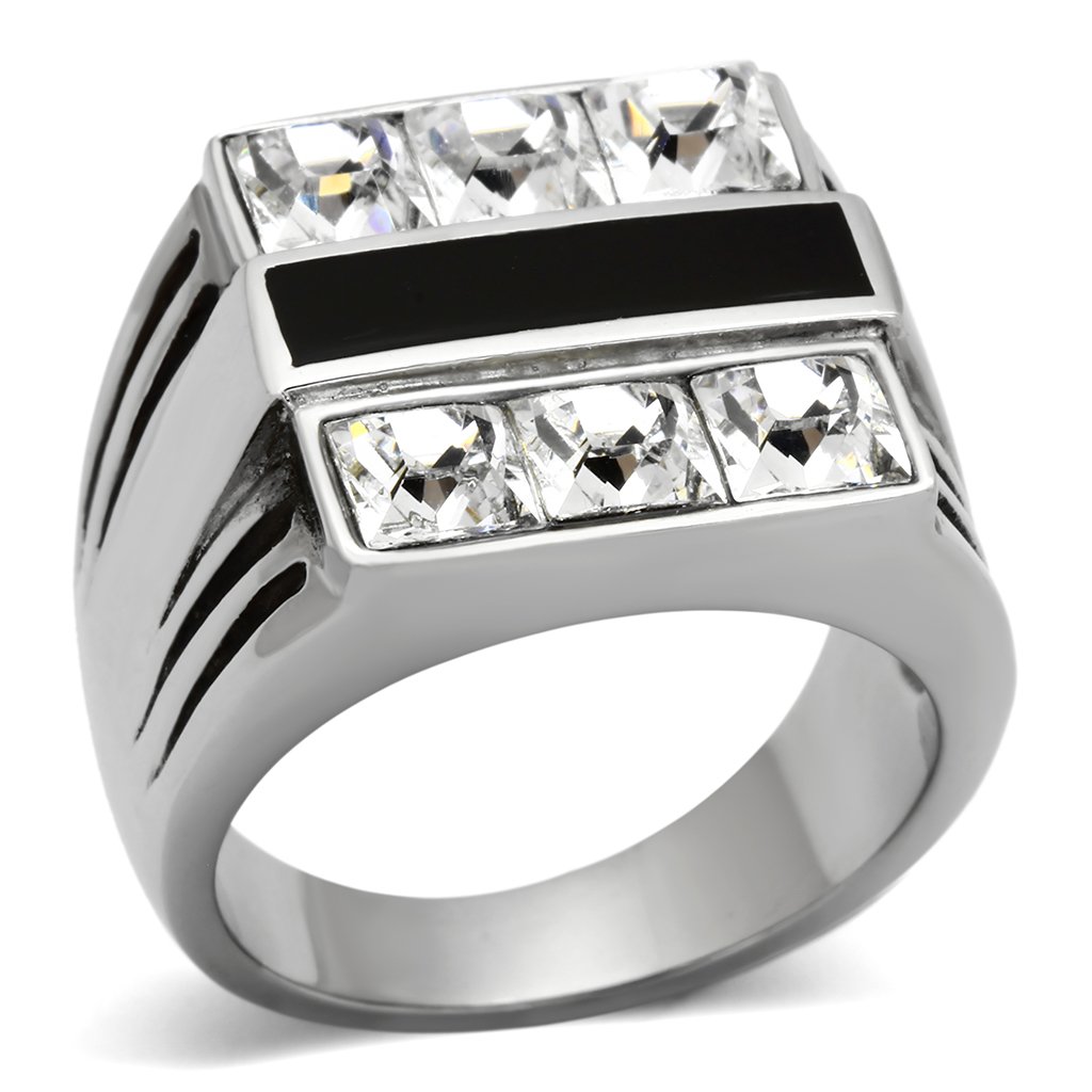 TK920 High Polished Stainless Steel Ring featuring a clear top grade crystal centerpiece, showcasing a brilliant shine and elegant design.