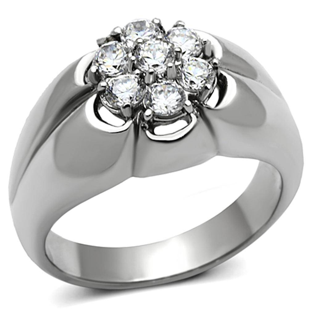 TK944 High Polished Stainless Steel Ring featuring a clear AAA Grade cubic zirconia center stone, showcasing its elegant design and shine.