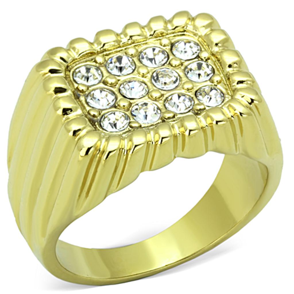 TK940G IP Gold Stainless Steel Ring featuring a clear top-grade crystal, showcasing its elegant design and luxurious finish.