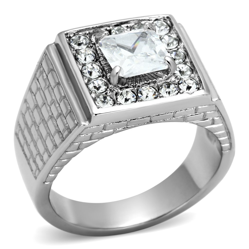 TK955 High Polished Stainless Steel Ring featuring a clear AAA Grade CZ center stone, showcasing its elegant design and shiny finish.