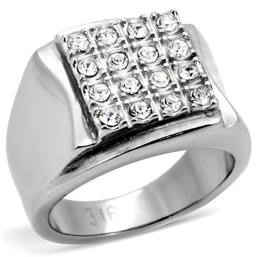 High polished stainless steel ring featuring a clear top grade crystal, showcasing a sleek and modern design.