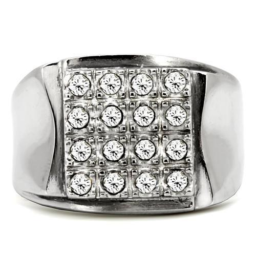 High polished stainless steel ring featuring a clear top grade crystal, showcasing a sleek and modern design.