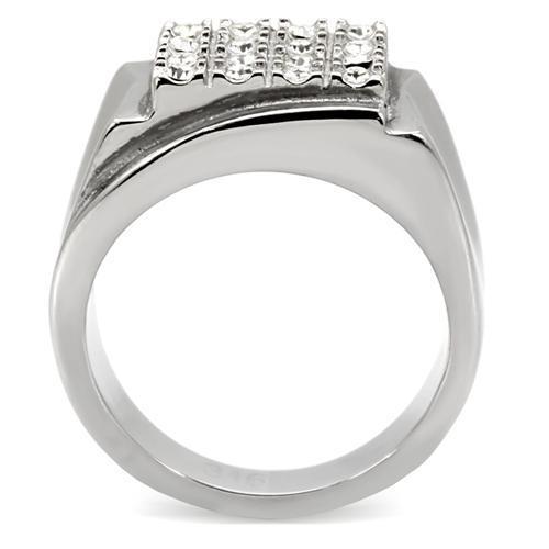 High polished stainless steel ring featuring a clear top grade crystal, showcasing a sleek and modern design.