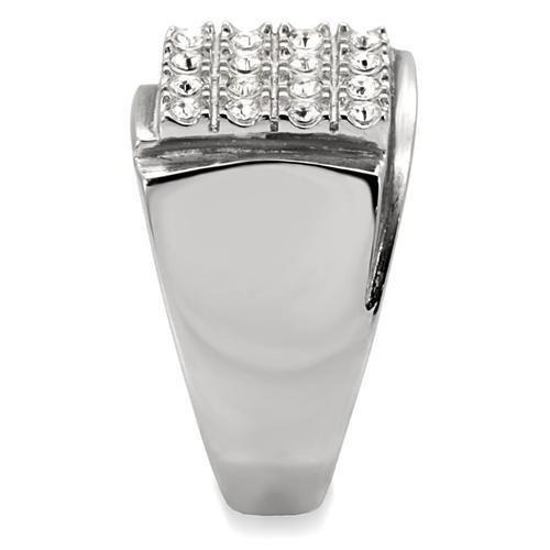 High polished stainless steel ring featuring a clear top grade crystal, showcasing a sleek and modern design.