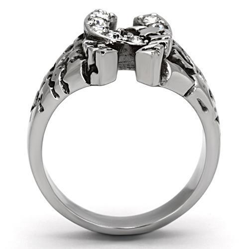 TK961 High Polished Stainless Steel Ring featuring a clear top grade crystal centerpiece, showcasing its elegant design and shiny finish.
