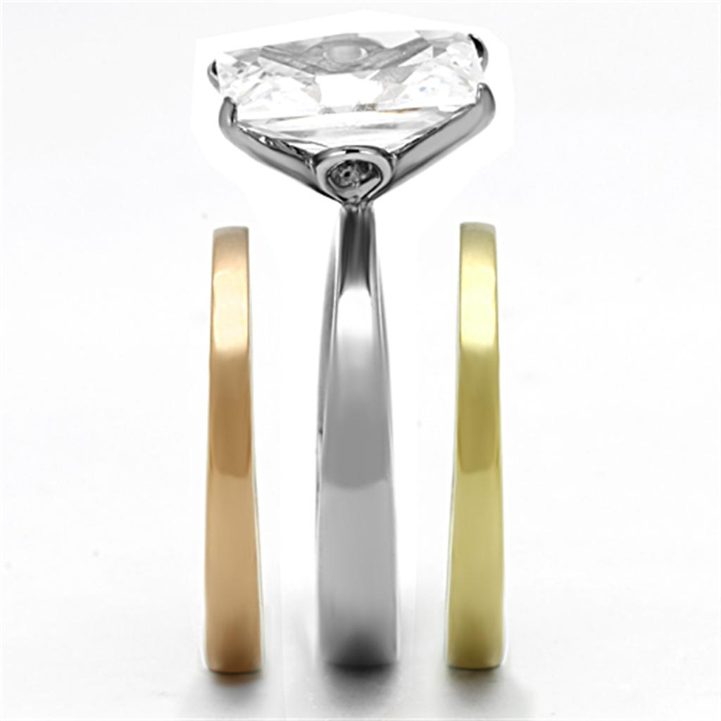 TK962 Three Tone Stainless Steel Ring featuring IP Gold, IP Rose Gold, and high polished finish with a clear AAA Grade CZ center stone.