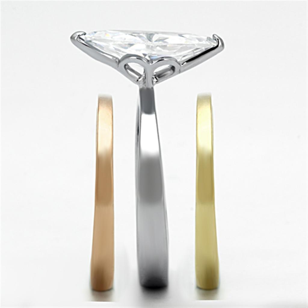 TK964 Three Tone Stainless Steel Ring featuring IP Gold, IP Rose Gold, and high polished finish with AAA Grade CZ center stone.