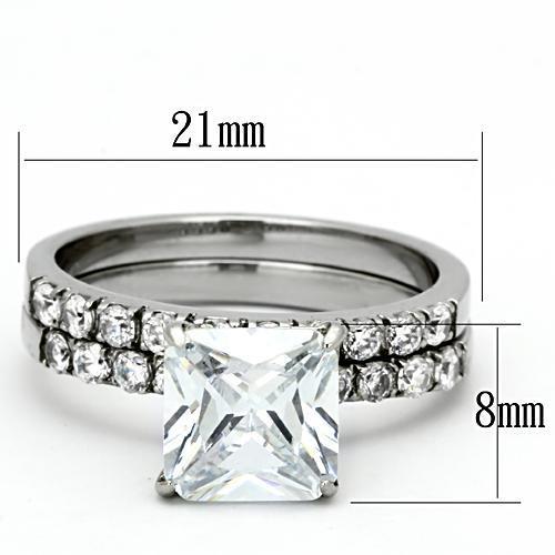 TK975 High Polished Stainless Steel Ring featuring a clear AAA Grade CZ center stone, showcasing its elegant design and shiny finish.