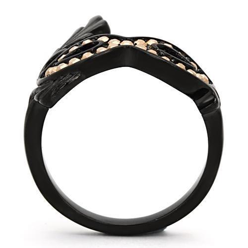 TK983 IP Black Stainless Steel Ring with top-grade crystal and metallic light gold center stone, showcasing a modern design.