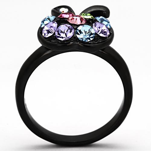 TK984 IP Black Stainless Steel Ring featuring a multi-color top-grade crystal, showcasing a sleek design with ion plating.