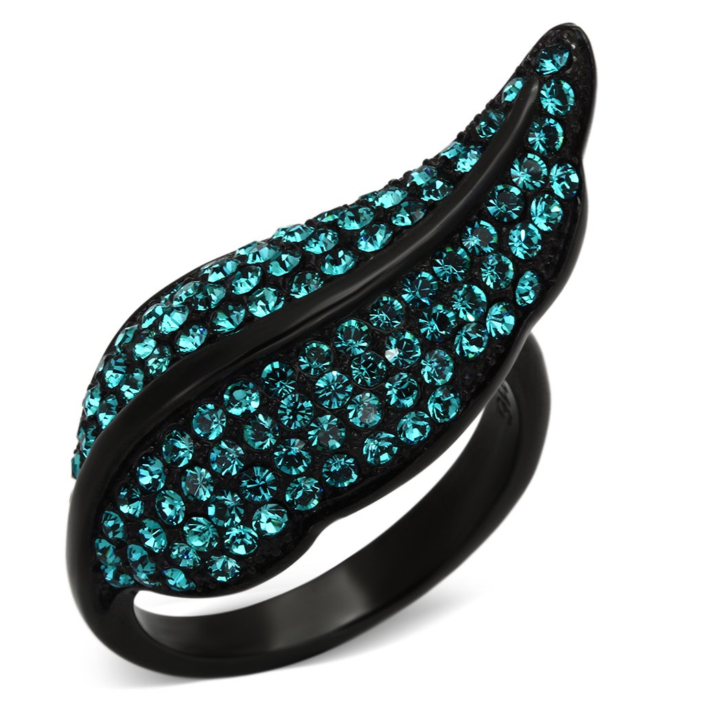 TK985 IP Black Stainless Steel Ring featuring a blue zircon crystal, showcasing a modern design with a sleek finish.