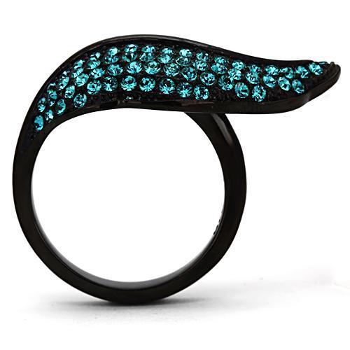 TK985 IP Black Stainless Steel Ring featuring a blue zircon crystal, showcasing a modern design with a sleek finish.